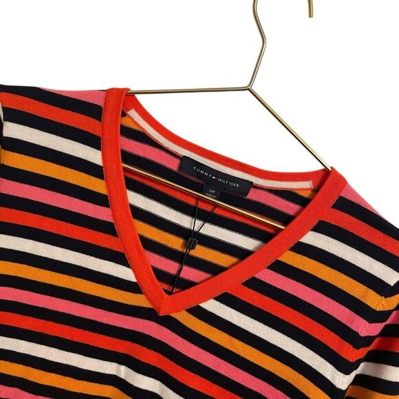 Tommy Hilfiger Stripped V Neck Cotton Long Sleeve Sweater S/P NWT - Picture 2 of 7